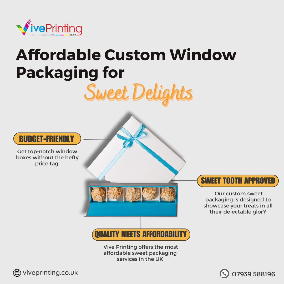 cheap custom window packaging boxes, custom sweet packaging, affordable sweet packaging services in Uk viveprinting